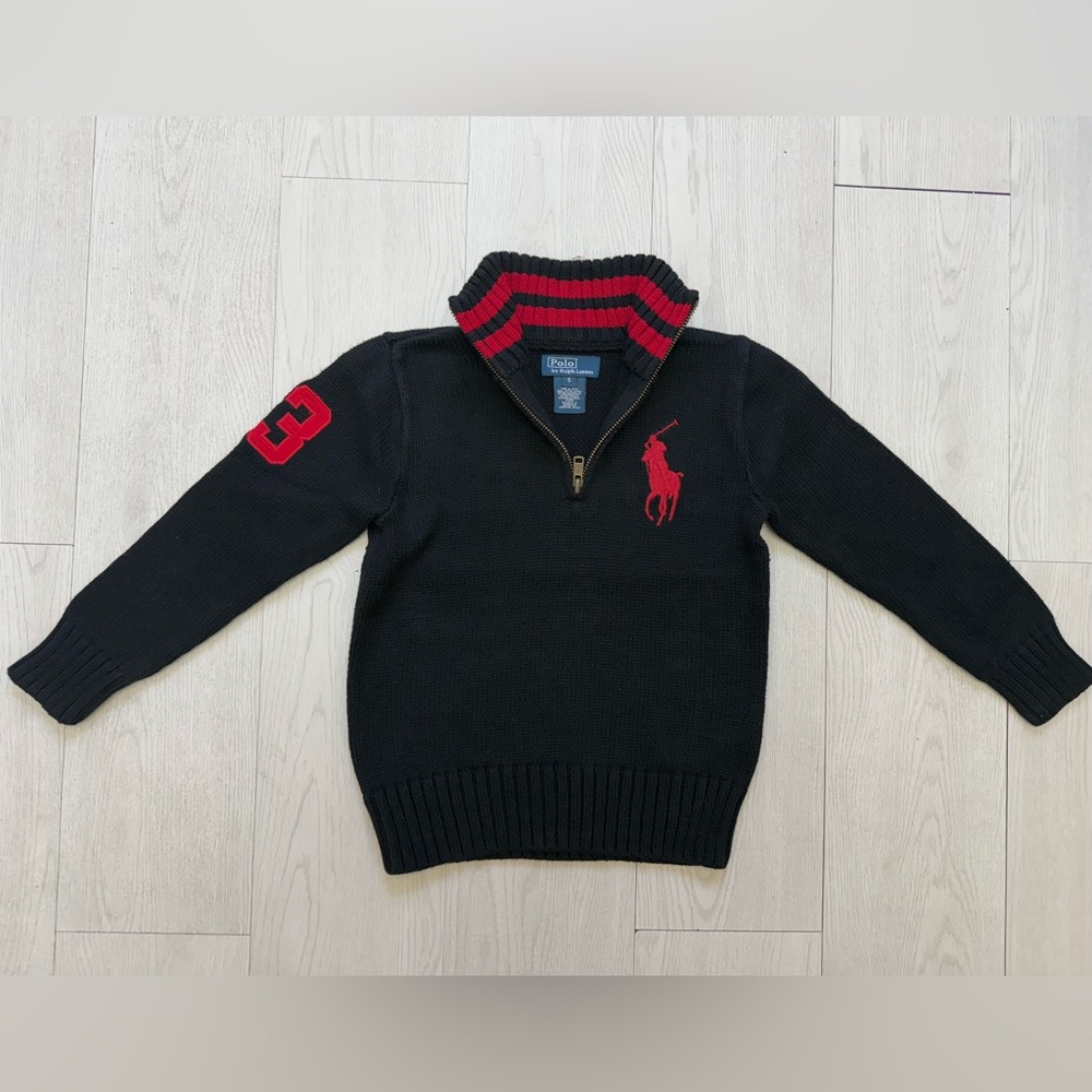 Polo Ralph Lauren Black & Red Accents 1/4 Zip Sweater! Stylish! Big RL Pony Sz 5